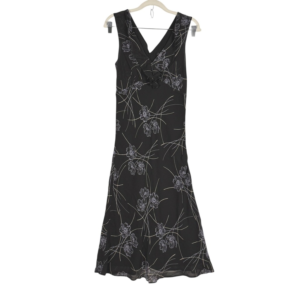 The Limited Silk Black Floral Ruffle V-Neck Midi Dress Womens 6 Side Zip Lining - Picture 2 of 9